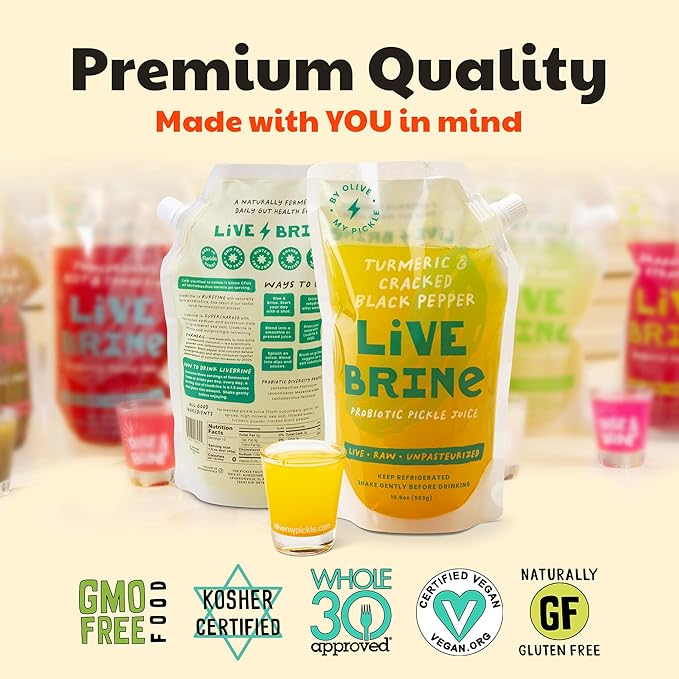 Olive My Pickle Probiotic Pickle Juice - 175.5 Ounces | 9 Pack of LiveBrine Turmeric &amp Cracked Black Pepper Pickle Juice with Natural Probiotics and Digestive Enzymes for Gut Health - 117 Pickle S