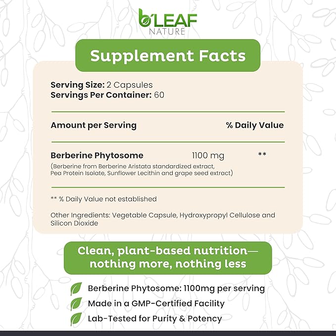 B’Leaf Nature Berberine Phytosome 120 Capsules – 1100mg Berberine Supplement for Metabolic and Cardiovascular Support – Vegan Gluten-Free Non-GMO Berberine Phytosome Capsules for Immune Wellness