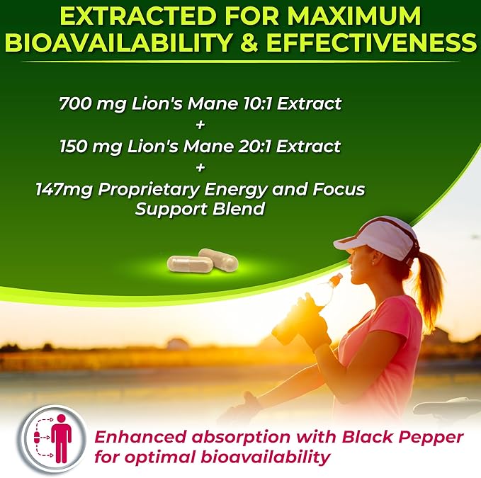 Organic Lion's Mane Supplement Capsules - Contains Naturally Occurring Beta Glucans &amp Polysaccharides Enhanced with Organic Energy &amp Focus Support Blend: Cordyceps Rhodiola Rosea Ginseng 1