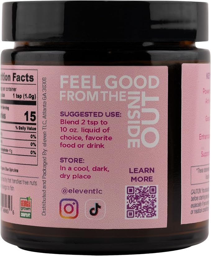 Eleven TLC Organic Blue Spirulina Powder Flavorless Superfood Vitamins + Minerals Espirulina Azul en Polvo Plant Protein Non-GMO Non Messy Glass Jar 1.24 Ounce 35 Servings
