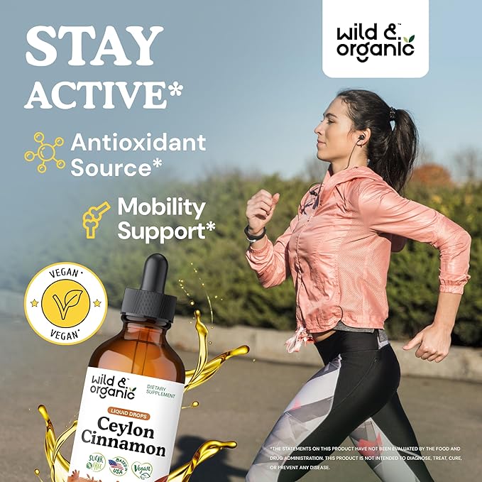 Wild &amp Organic Ceylon Cinnamon Tincture 500 mg - Liquid Cinnamon Supplements for Overall Support - Cinnamomum Verum Bark Extract - Vegan Sugar &amp Alcohol-Free Non-GMO - 4 fl oz