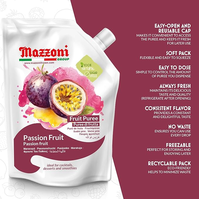 Mazzoni - Passion Fruit Juice Puree 100% Maracuya Just Fruit No Sugar Added 2.2 lbs (35.2 oz) Real Fruit Mixer for Cocktails Smoothies Drinks Fruit Juice Convenient Pouch Made in Italy