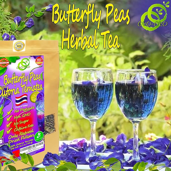 Butterfly Pea Tea 35.27 Oz / 1 kg | OkO-OkO - Premium - WHOLE DRIED FLOWER from Thailand - Blue natural infusion - Herbal tea - Organic Vegan food coloring - Natural color changing cocktail and meal