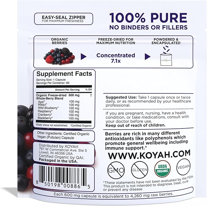 KOYAH - Organic Berry Blend Capsules – 600 mg - Freeze-Dried 100% Pure Antioxidants &amp Polyphenols - 60 Capsules
