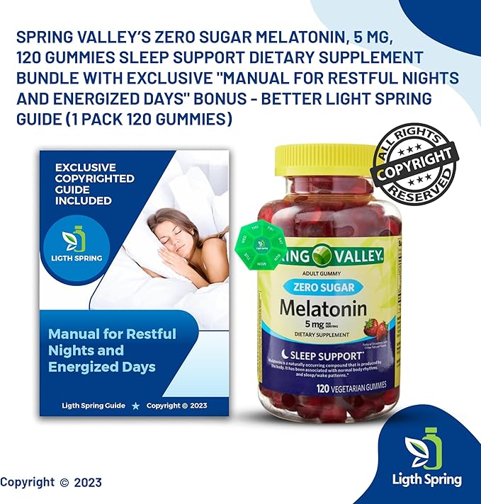 Melatonin 5 Mg Zero Sugar 120 Gummies (3 Pack) with Bundle Exclusive Better Ligth&ampSpring Guide + Weekly Pill Organizer (5 Items)