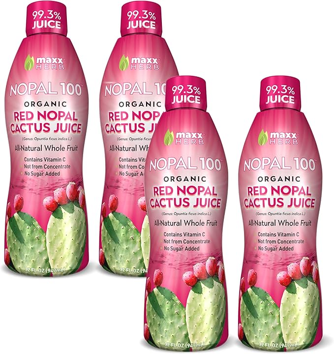 Maxx Herb Organic Red Nopal Cactus Juice - for Joint Support Healthy DigestionVegan Non-GMO and Gluten Free – 4 Bottles 32 Oz Each (128 Servings)