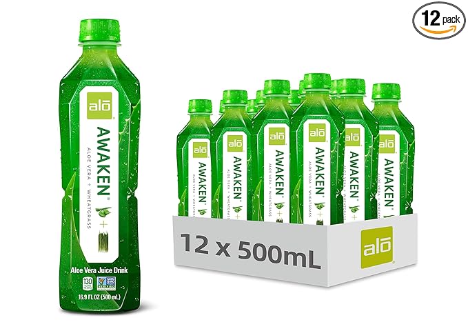ALO Aloe Vera Juice Drink | AWAKEN - Aloe Vera + Wheatgrass | 16.9 fl oz Pack of 12 | Plant Based Drink with Real Aloe Vera Pulp
