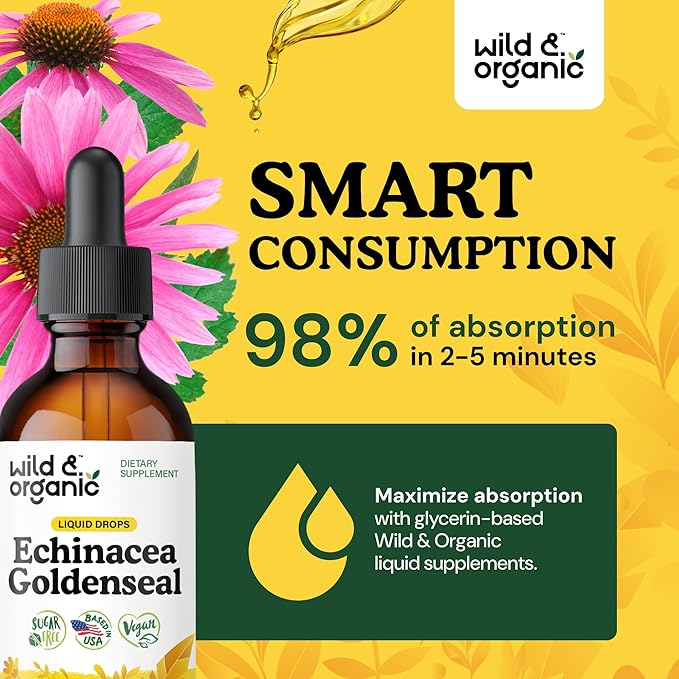 Wild &amp Organic Echinacea Goldenseal Liquid Drops - Immune Support Supplement w/Goldenseal Echinacea Root Extract - Vegan Sugar &amp Alcohol-Free Tincture - 2 fl oz