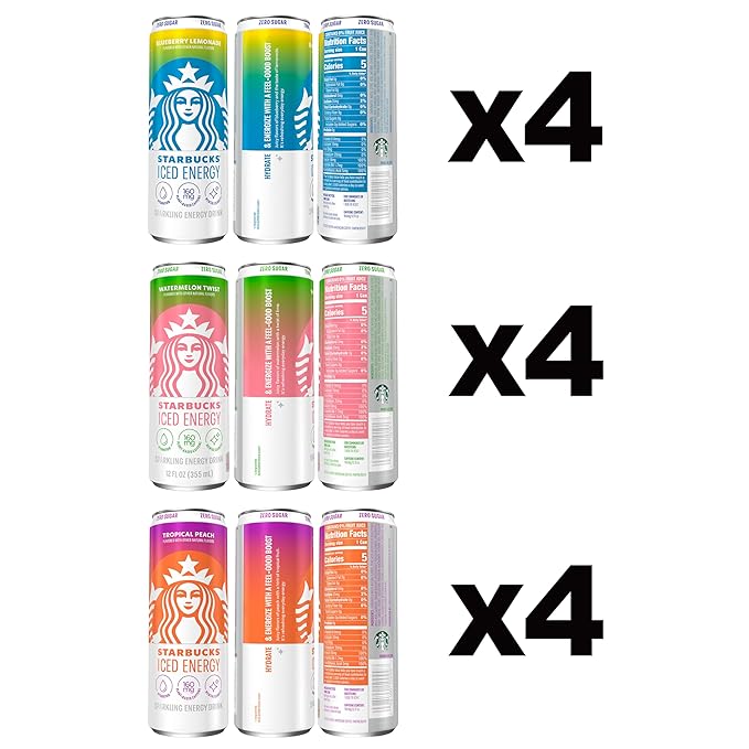 Starbucks Iced Energy Drink 3 Flavor Variety Pack (Tropical Peach Watermelon Splash Blueberry Lemonade) Zero Sugar Energy Drink Plant Based Caffeine Hydration Mental Clarity 12x12 Fl Oz Cans
