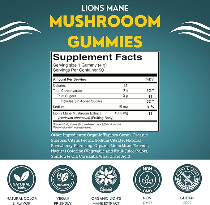 Organic Lion's Mane Mushroom Gummies | 90 Servings | Brain Health Focus Clarity &amp Memory Mushroom Supplement Gummies | 90 Organic Lions Mane Gummys for Adults
