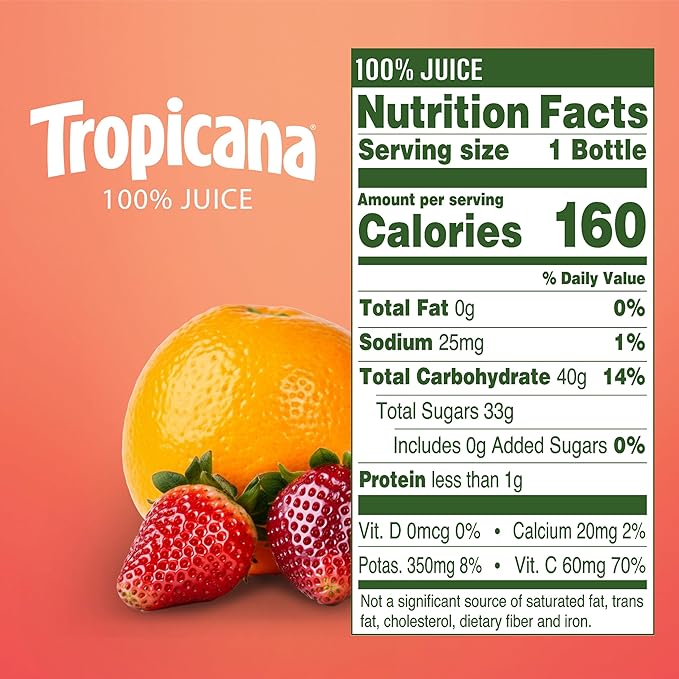 Tropicana 100% Orange Strawberry Juice�Single Serve 10 Fl Oz Bottles (Pack of 24) - Real Fruit Juice Vitamin C B &amp E Rich No Added Sugars No Artificial Flavors