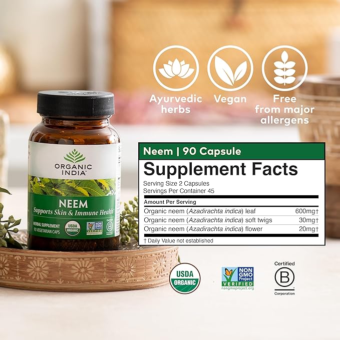 ORGANIC INDIA Neem Leaf Capsules - Herbal Supplement Supports Skin &amp Immune Health Vegan Gluten Free USDA Certified Organic - 90 Count
