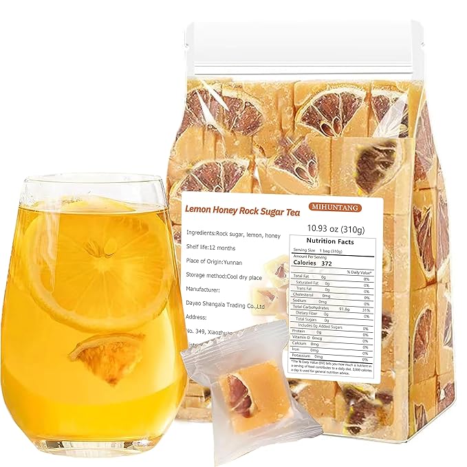 Rock Sugar Lemon Tea Lemon Honey Rock Candy 10.93oz /310g Yellow Lump Rock Sugar with Lemon Sugar Cubes Lemon Honey Candy Caffeine Free Individual Package
