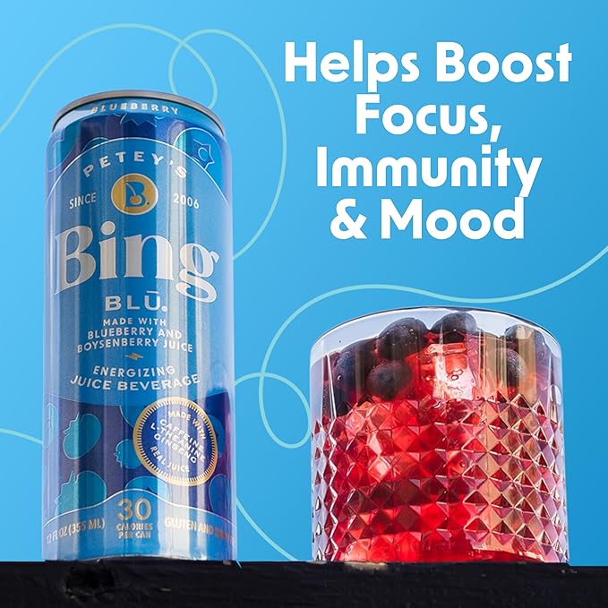 BING BLUEBERRY Energizing Juice Beverage – (12oz/24pk) – Made with REAL Juice! Only 2g added Sugar Low Calorie L-Theanine 5 B-Vitamins &amp Ginseng 125 mg Caffeine Vegan Gluten + Dairy Free. DE
