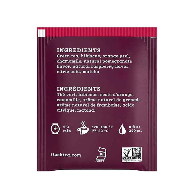 Stash Tea Pomegranate Raspberry &amp Matcha Green Tea - Caffeinated Non-GMO Project Verified Premium Tea with No Artificial Ingredients 18 Count (Pack of 6) - 108 Bags Total
