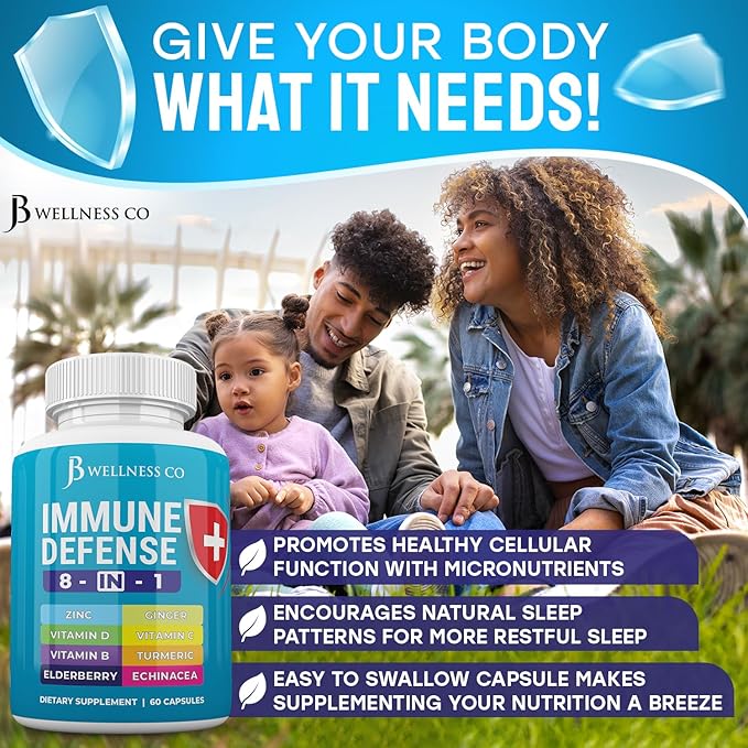 Immune Support 8 in 1 Capsules - Zinc Supplement Vitamin D3 Vitamin C and Elderberry - Immune Booster with Echinacea Ginger Root and Turmeric - [2-Pack]