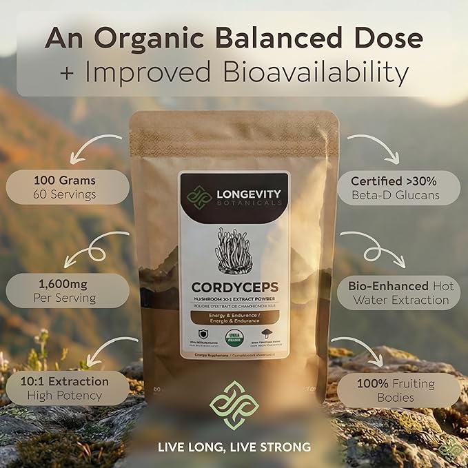 Organic Cordyceps Mushroom Powder Supplement 10:1 Extract 100g | Cordyceps Militaris 100% Fruiting Body | ≥30% Beta-D-Glucans | 60 Servings of 1660mg | Energy Endurance &amp Stamina Support