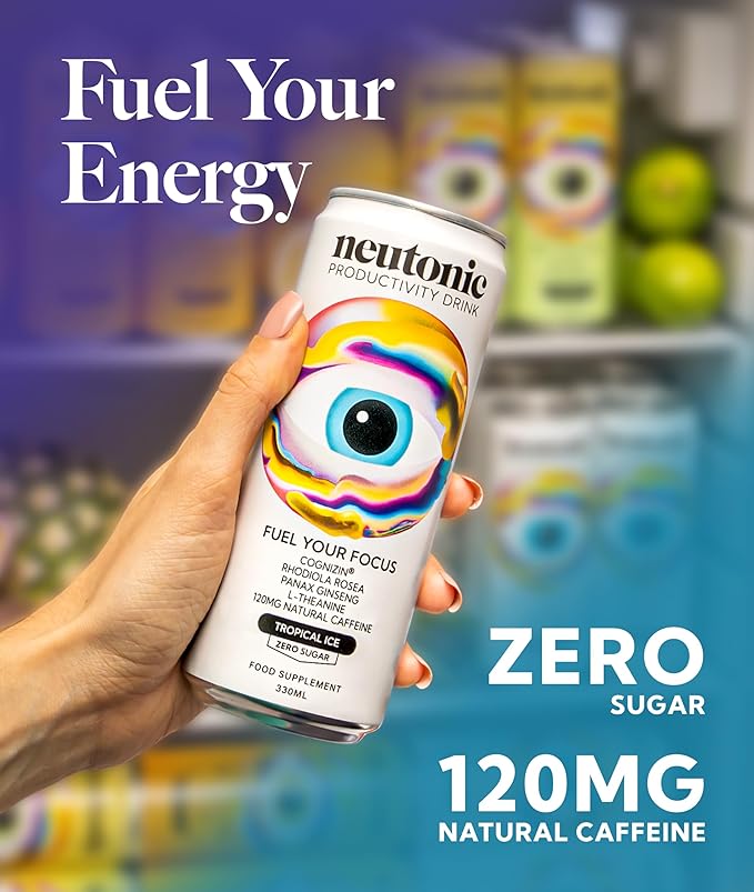 Neutonic Nootropic Productivity Energy Drink | Tropical Ice 12 Cans | 120mg Natural Caffeine Zero Sugar | Support Memory Mental Clarity Cognitive Function | Boost Focus Energy Brain Health