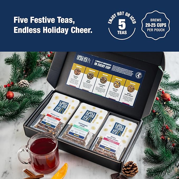 Tiesta Tea - Santa's Bag Tea Gift Set High to Non-Caffeinated Assorted Blends 5 Individual Resealable Pouches for Hot &amp Iced Brews Variety Pack Black Rooibos and Herbal
