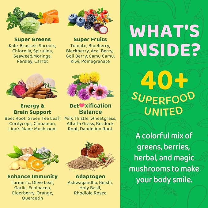 Super Greens Soft Chews Greens Superfood Supplement w/Spirulina Chlorella Lutein Digestive Enzymes &amp Fiber Multivitamins – Daily Greens Support for Energy Metâbölism Vision &amp Gut Health