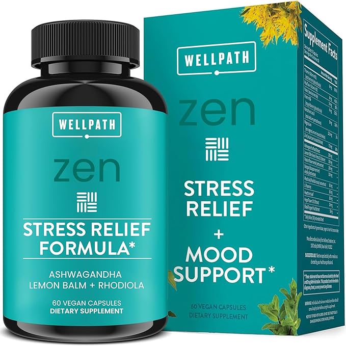 WellPath Zen Stress Relief Supplement + Mood Support | Calm Stress &amp Energy Support | Ashwagandha Root Rhodiola Rosea L-Theanine Lemon Balm | Herbal Capsules 60 Ct