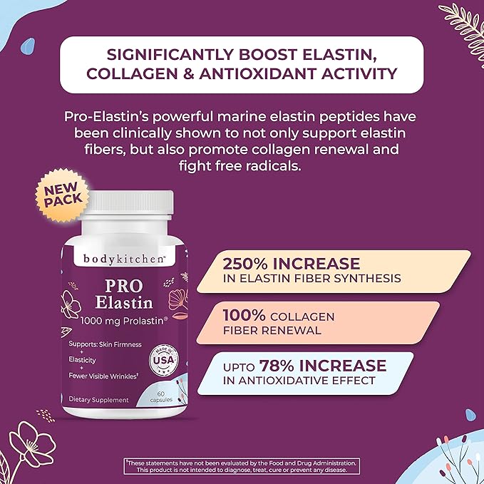Body Kitchen Pro-Elastin 1000 mg Elastin Supplement Reduce Signs of Aging Improved Skin Health Firmness &amp Elasticity Fewer Wrinkles Veggie Caps (Pack of 3)
