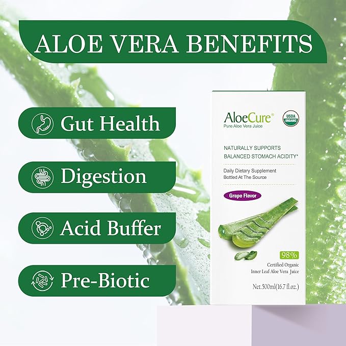 AloeCure USDA Organic Aloe Vera Juice Grape Flavor Made Within 12 Hours of Harvest - Pure Aloe Vera Digestive &amp Immune Health Supplement Helps Maintain Balanced Stomach Acidity 16.7oz x 6 Btls