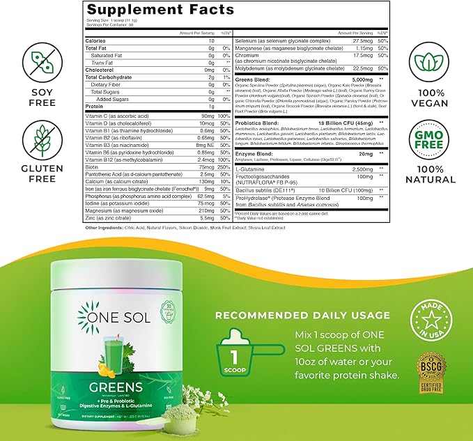 One Sol Greens Super Greens Powder to Reduce Bloating &amp Improve Gut Health Superfood Fresh Bloom Organic Greens Blend Juice &amp Smoothie Mix Pre &amp Probiotic with Digestive Enzymes Vegan