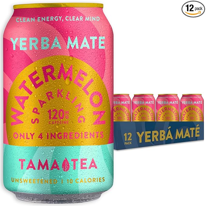 Organic Sparkling Watermelon Yerba Mate Tea Unsweetened by Tama Tea - Sugar Free Energy Drink Alternative 120mg Natural Caffeine 12 oz (12-Pack)