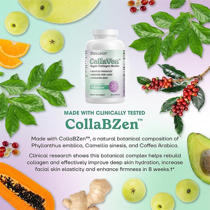 Fit &amp Lean CollaVen Vegan Collagen Builder Clinically Proven Vegan Plant-Based Collagen with Vitamin C for Youthful &amp Hydrated Skin Reduces Wrinkles Boosts Collagen Production 60 Vegan C