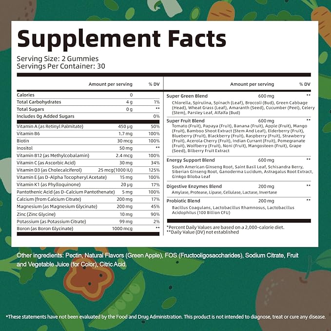 61-in-1 Supergreens Daily Gummies for Women and Men Multivitamin Superfood Gummy with Probiotics for Metabolic Energy and Digestive Health Sugar Free Green Apple Flavor 60 Count