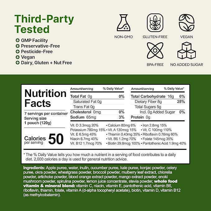 Liquid Salad High Fiber Veggie Pouches by Liquid Plus Convenient Greens Smoothie with Prebiotic Fiber Superfoods Veggies and Fruits Healthy Vegan and Gluten Free Snacks with 15 Vitamins &amp Mine