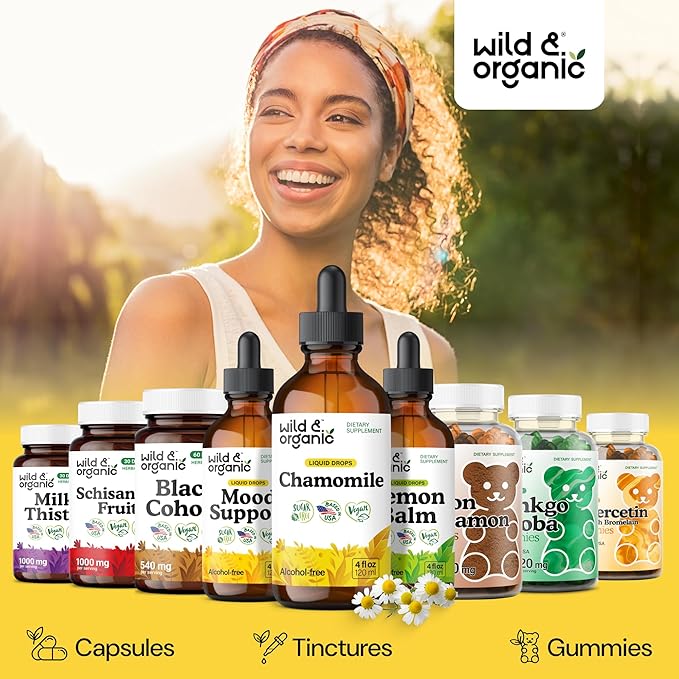 Wild &amp Organic Chamomile Flowers Tincture - Calming Supplement for Relaxation - Chamomile Extract Liquid Drops - Vegan Sugar &amp Alcohol-Free - 4 fl oz