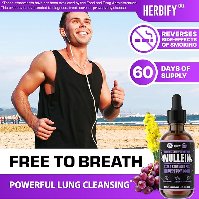 HERBIFY Mullein Drops - Lung Cleanse - Leaf Extract - Powerful Mullein for Immune Support Detox &amp Respiratory Support - Made in USA - Herbal Supplements - 4 Oz Grape Flavor