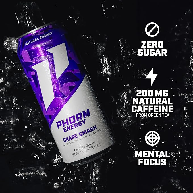 Phorm Energy Drink Grape Smash Flavor 200 MG Natural Caffeine From Green Tea Sugar Free Carbonated Drink With Electrolytes &amp Vitamin B12 Dairy &amp Gluten Free Vegan 16 FL Oz Cans 12 Pack