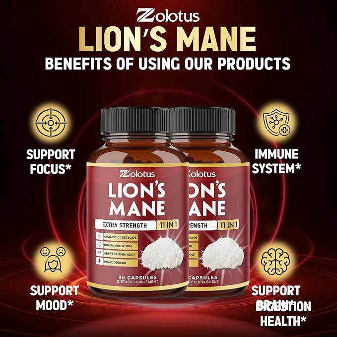 Zolotus 2 Packs 90 Capsules Lions Mane Mushroom Supplement 6 Month Supply with Cordeyceps Reishi Ashwagandha Focus Memory and Brain Support Supplement Immune Support Energy Pills