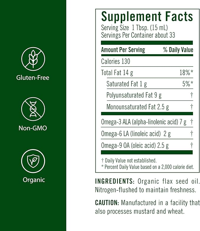 Flora Certified Organic Flax Seed Oil - Cold Pressed &amp Unrefined - Non-GMO Gluten-Free Kosher Omega Flax Oil Blend - Essential Fatty Acids for Wellness - Amber Glass Bottle - 17 oz
