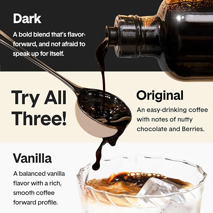 Jot Coffee Concentrate (Variety 3pk) High Caffeine Cold Brew Coffee Concentrate Liquid for Iced Coffees Instant Espresso Hot or Cold Instant Coffees - Makes 14 Cups 150mg Caffeine/Tbsp No Sugar