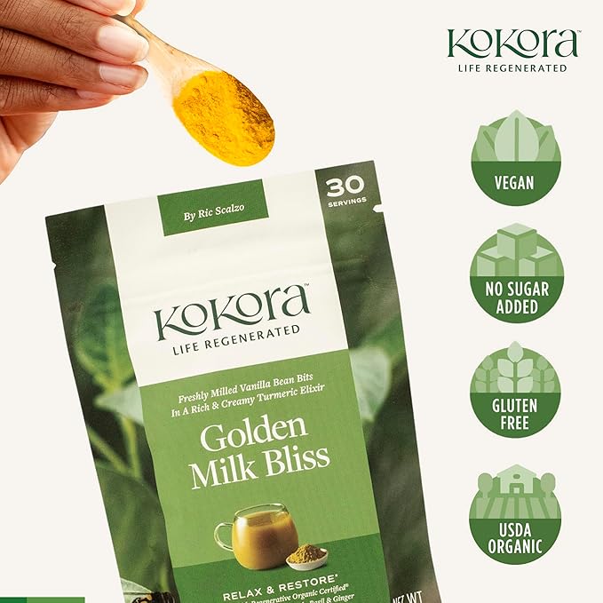 Kokora Golden Milk Bliss - Relax Restore Calm the Mind* - Regenerative Organic Certified Turmeric Ashwagandha Holy Basil &amp Ginger - Vegan Non-GMO No Added Sugar - 120g - 30 Servings