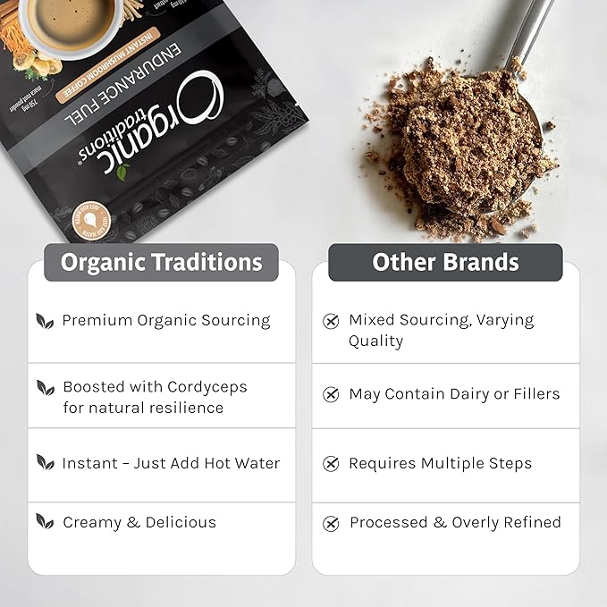Organic Traditions Endurance Fuel Mushroom Coffee Instant Coffee with Cordyceps Ashwagandha and Maca Rich Mocha Flavor Plant Based Superfood Coffee Alternative 10 Servings 280g / 10oz