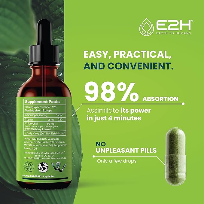 E2H Chlorophyll Liquid Drops - Natural Energy Booster Immune System Support and Internal Deodorant - Peppermint Flavor - (3 Bottles)