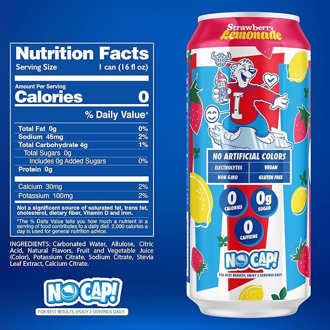 NO CAP! Next Gen Soda Pop Cherry Cola &amp Strawberry Lemonade Variety Pack Electrolytes for Hydration Zero Sugar Zero Calories Caffeine-Free Soda Vegan &amp Gluten-Free 16 oz Cans (12-Pack)