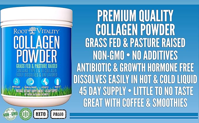 Root Vitality Collagen Peptides Powder - Grass-Fed Pasture-Raised Hydrolyzed Protein Supplement for Skin Hair &amp Nails - Non-GMO Zero Sugar Daily Supplement for Men &amp Women (45 Servings)