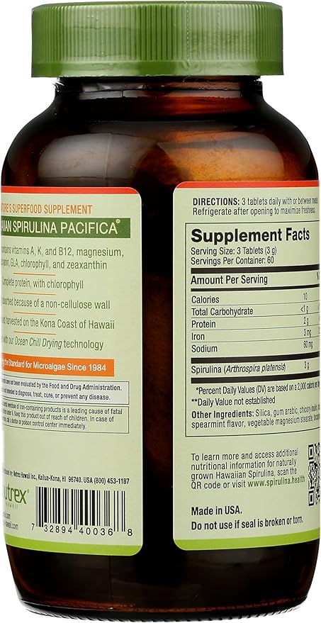 Nutrex Hawaii Pure Hawaiian Spirulina 1000 mg Spearmint Tablets 180 Count Vegan Supports Immune System Heart Cells and Energy