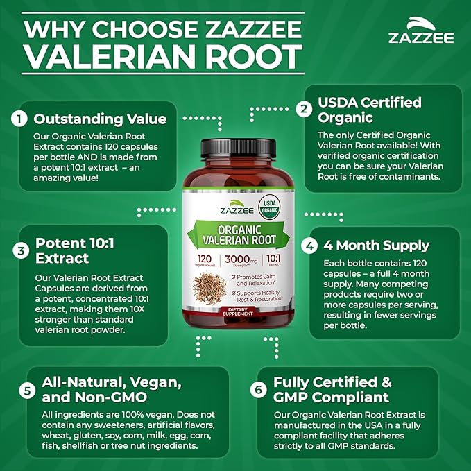 Zazzee USDA Organic Valerian Root 10:1 Extract 120 Vegan Capsules 4 Month Supply Valeriana Officinalis Relaxation Calm &amp Mood Support All-Natural Non-GMO Made in the USA
