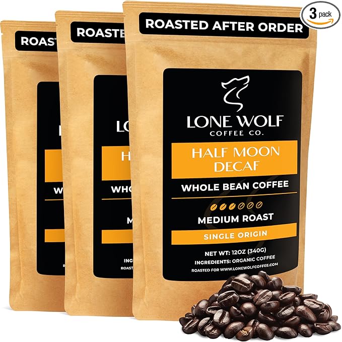 Half Moon Decaf - 3-Pack – Freshly Roasted After Your Order – Specialty Grade Swiss Water Process Low Acid Organic Single Origin Medium Roast Whole Bean Coffee – Pack of 3 (12 Ounces Each)
