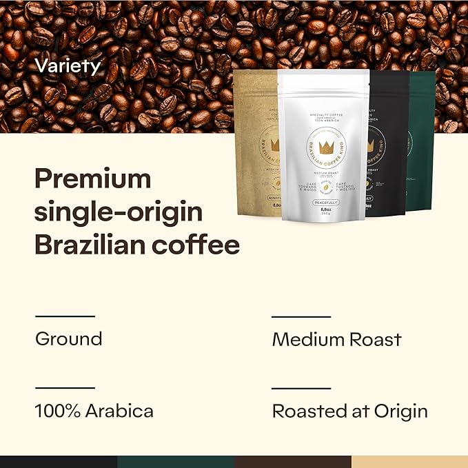 4-Pack Specialty Variety Coffee Kit – Arabica Ground in Brazil – Explore Artisanal Flavor Notes of Chocolate Caramel Fruits and Spices – Carefully Harvested Medium Roast – Brazilian Coffee King