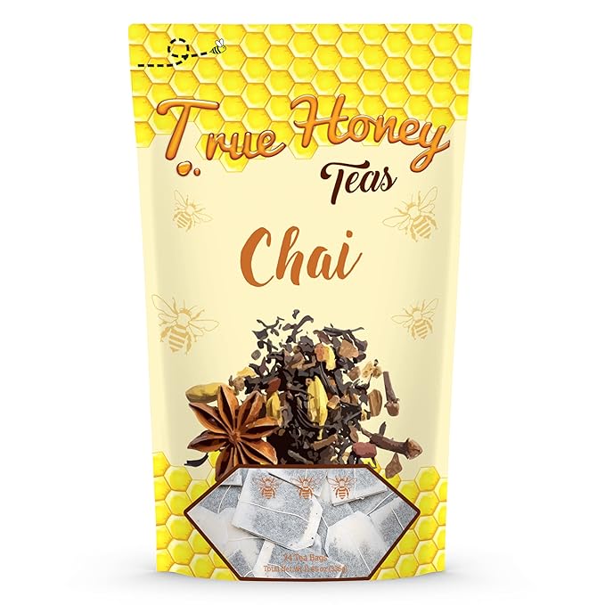 True Honey Chai Tea Bags - Providing Herbal Wellness - All Natural Organic Cinnamon Clove Coriander Anise and Fennel Black - Blended with Honey Crystals Blended - 24 Count