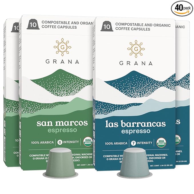 G GRANA Coffee Pods Compatible with Nespresso OriginalLine 40 Count Medium and Dark Roast USDA Organic 100% Arabica Single Source Specialty Coffee Compostable Single Serve Capsules
