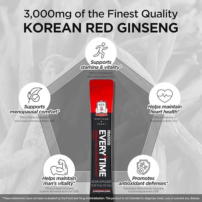 JUNG KWAN JANG Everytime Korean Red Ginseng Extract Stick 3000mg Original - Adaptogen Energy Drink Liquid Stick Supplements - Energy Boost &amp Immune Support Caffeine Free (30 Sticks)